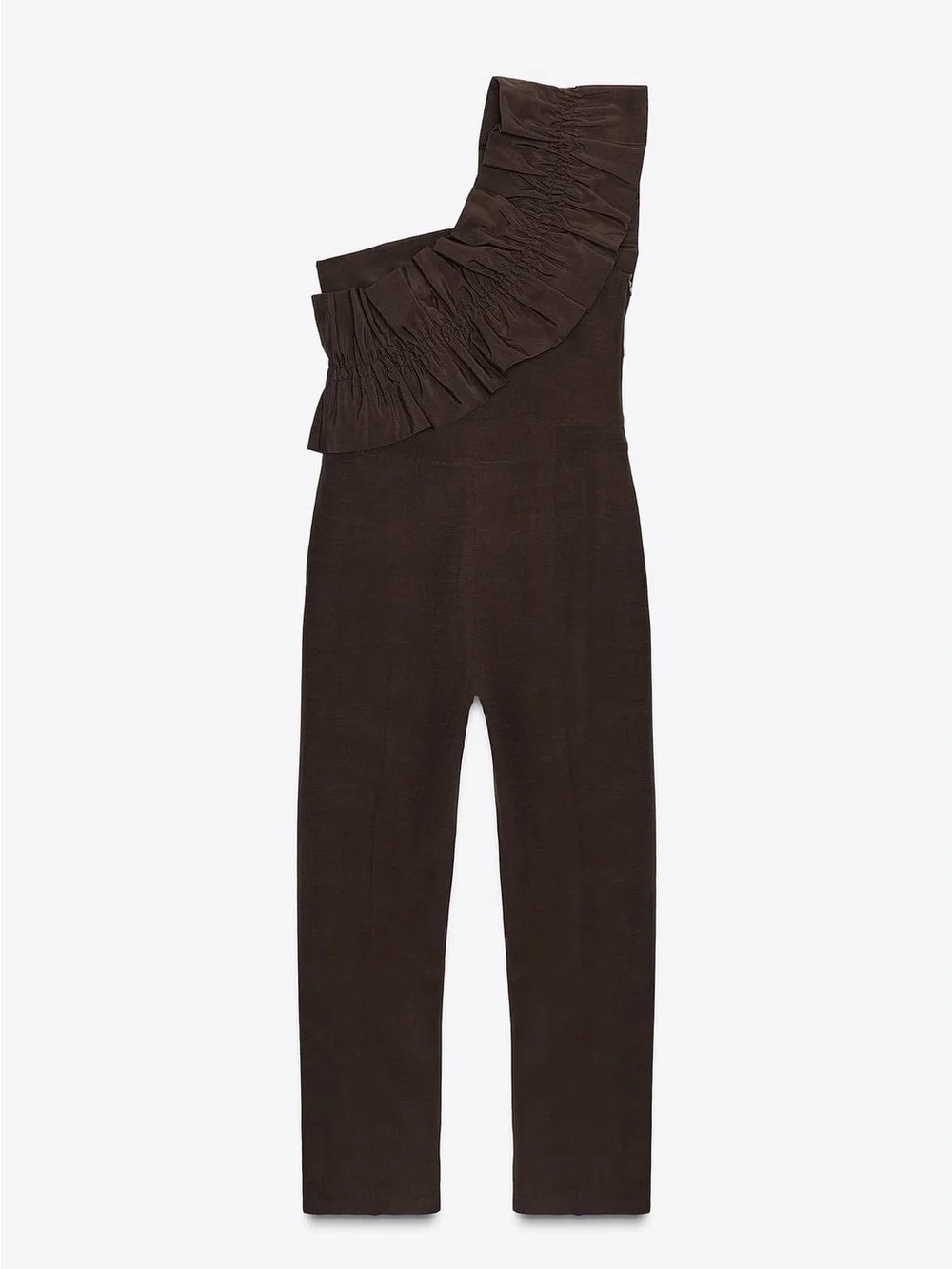 Zara Brown One-Shoulder Ruffle Jumpsuit